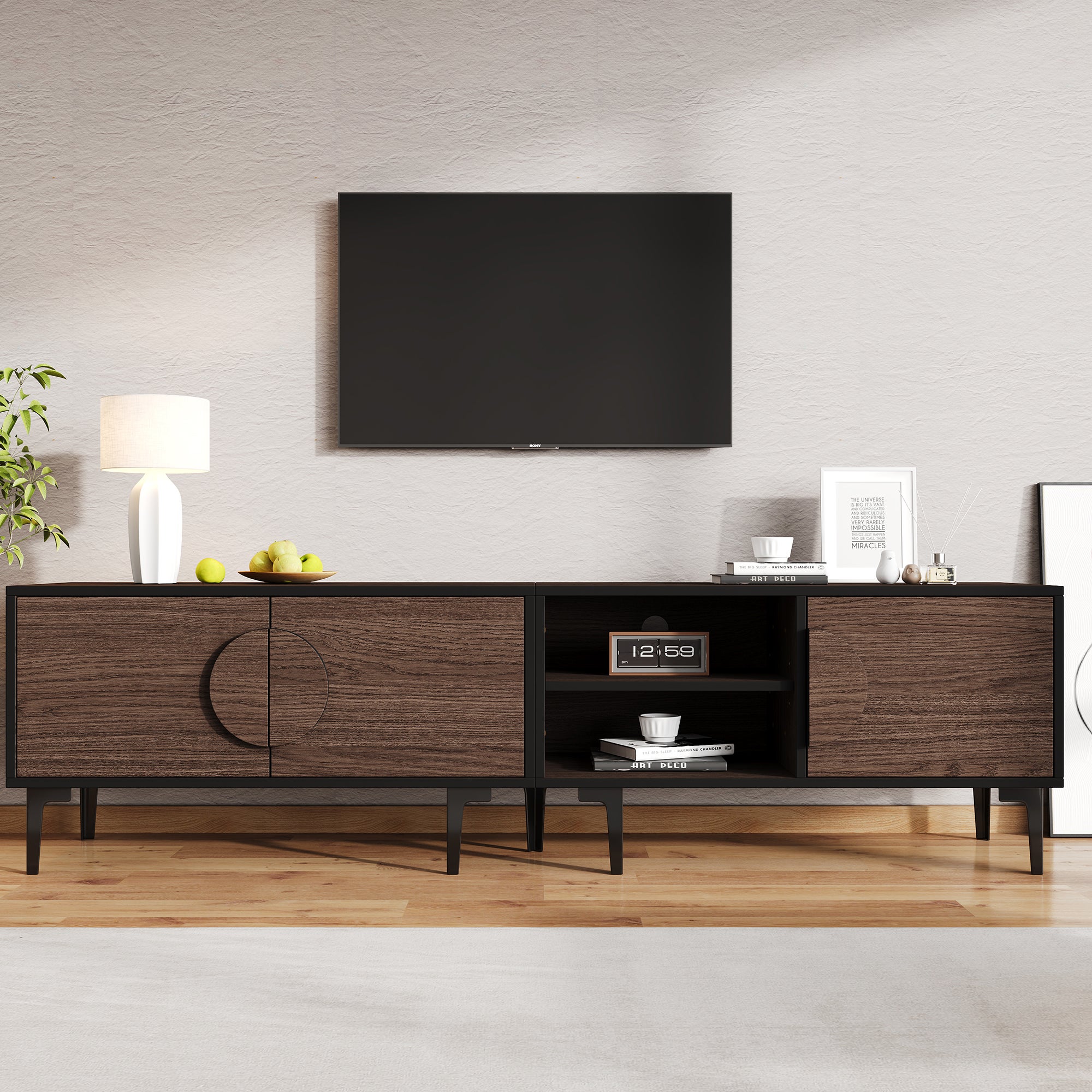 Stojak pod telewizor z 3 drzwiami i 1 otwartą przegrodą na telewizor 80 cali - 180 x 35 x 49 cm - Płyta wiórowa - Ciemny dąb