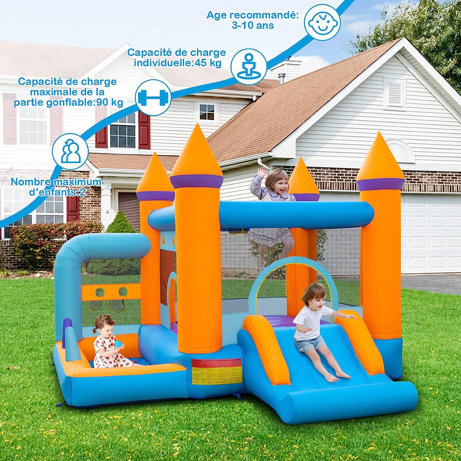 Castello Gonfiabile 5 in 1 con Soffiatore 735W, Casa Gonfiabile per Bambini con Scivolo, Trampolino, Piscina e 50 Palline, Lancio di Anelli e - 2