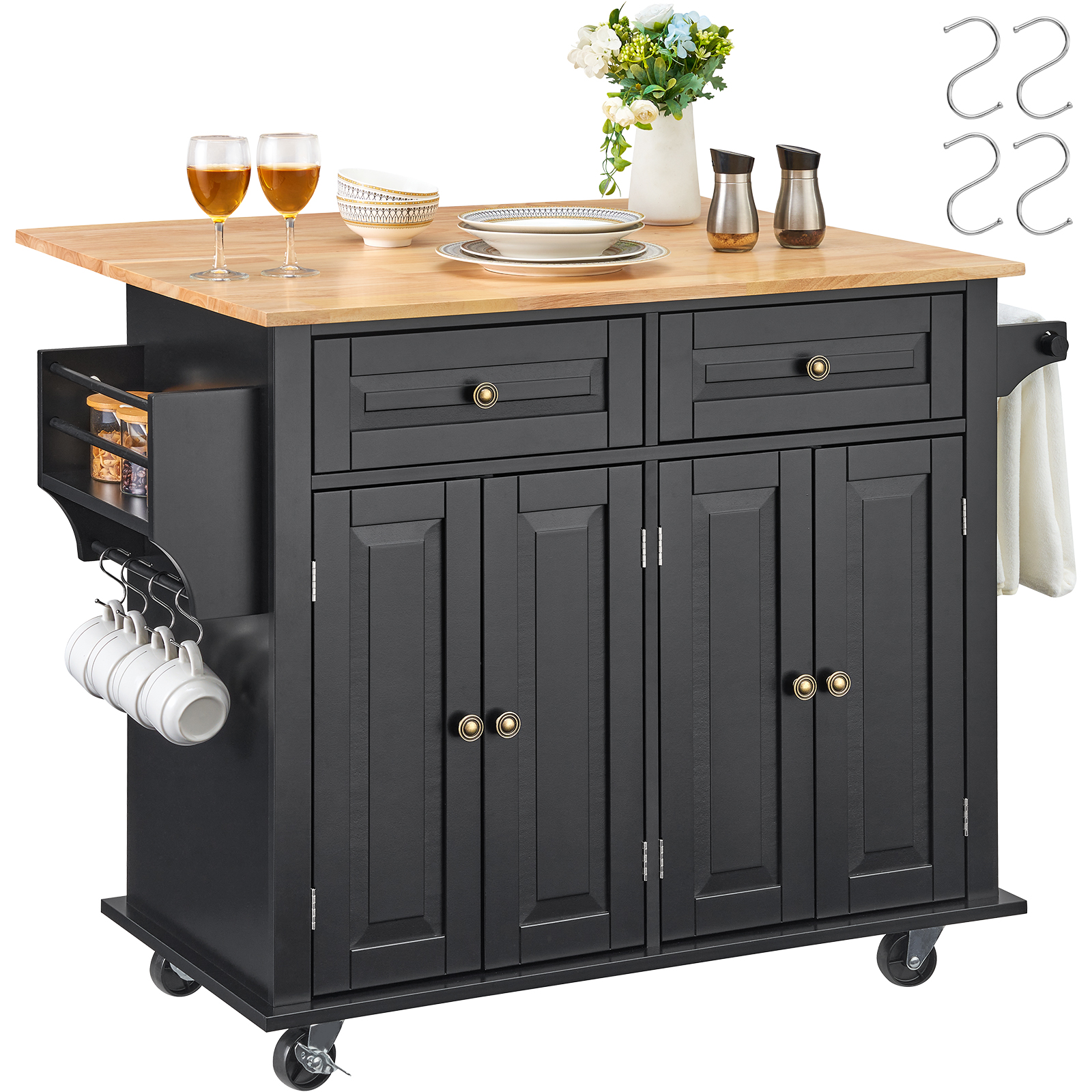 VEVOR U00celot Central 115x39 Cm Desserte De Cuisine U00e0 Roulettes 1 Armoire 3 Tiroirs Meuble De Cuisine Avec Plan De Travail En Bois Abattant 115x29 Cm Porte-u00c9pices Porte-Serviettes Rangement Bar Cuisine