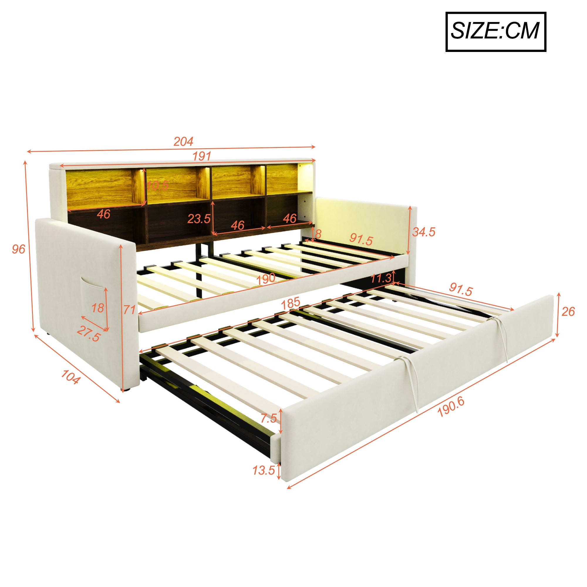 Rozkładana sofa z poduszkami 90x190cm - z oświetleniem LED - z gniazdem ładowania - z wysuwane łóżko - tkanina welurowa - beżowy - 5