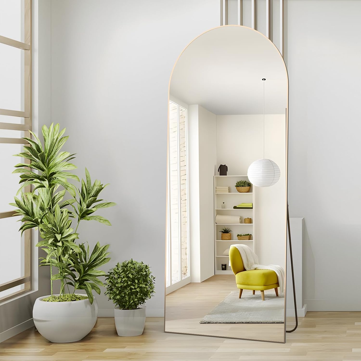 Specchio a figura intera 165 x 60 cm, specchio da terra con cornice in alluminio, specchio da appoggio ad arco liscio, oro - 2