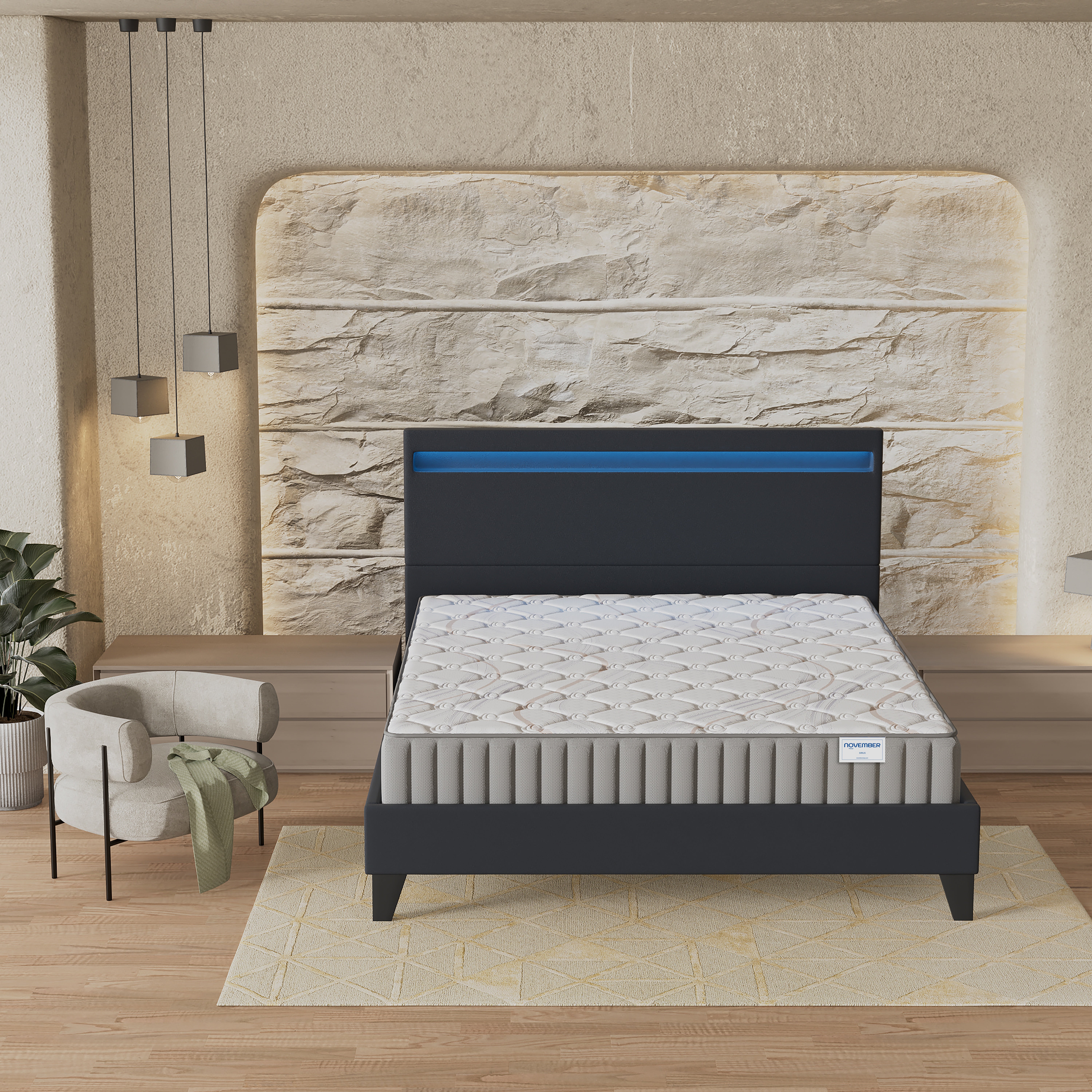 Ensemble Matelas + lit 140x200 cm, Matelas 16cm mousse, accueil latex, lit à tête de lit LED similicuir noir - 7