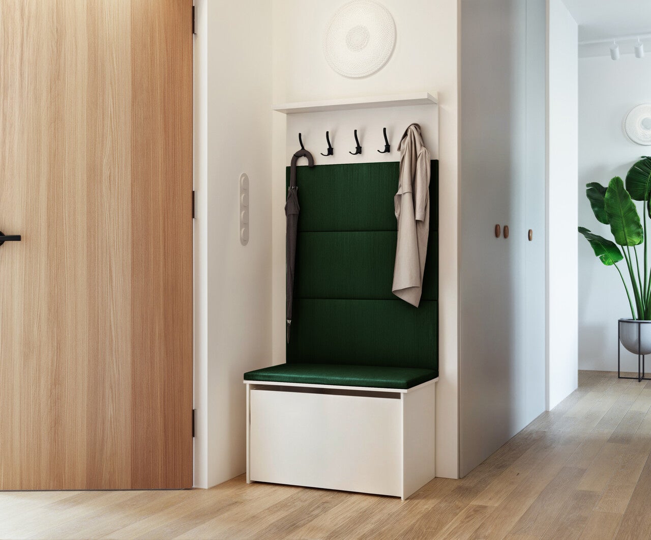 Szafka na Buty z Siedziskiem w Kolorze Białym, Tapicerowane Panele w Kolorze Zielonym i Wieszak Ścienny – 5 Haczykow, 192x73x40 cm