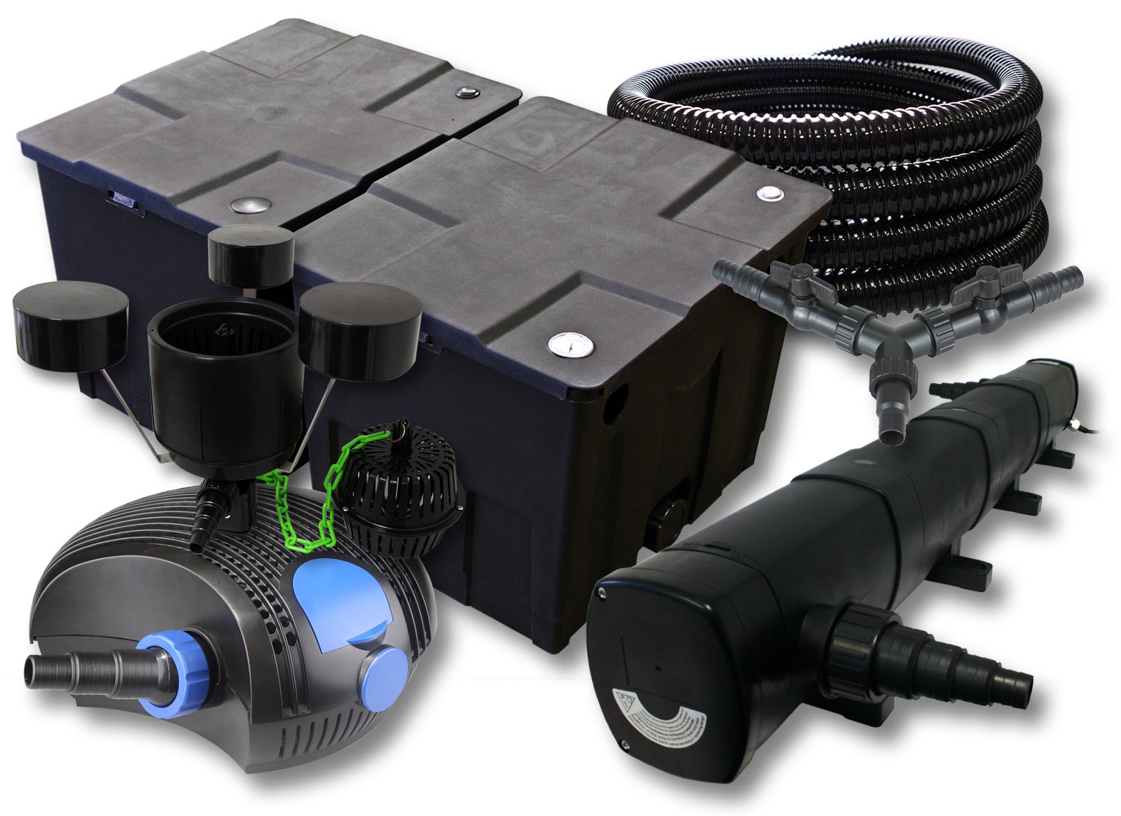 Set Filtro Per Laghetto SunSun - 3 Camere CBF-350C Per 90.000L + Chiarificatore UVC 36W CUV-236, Per Acqua Limpida