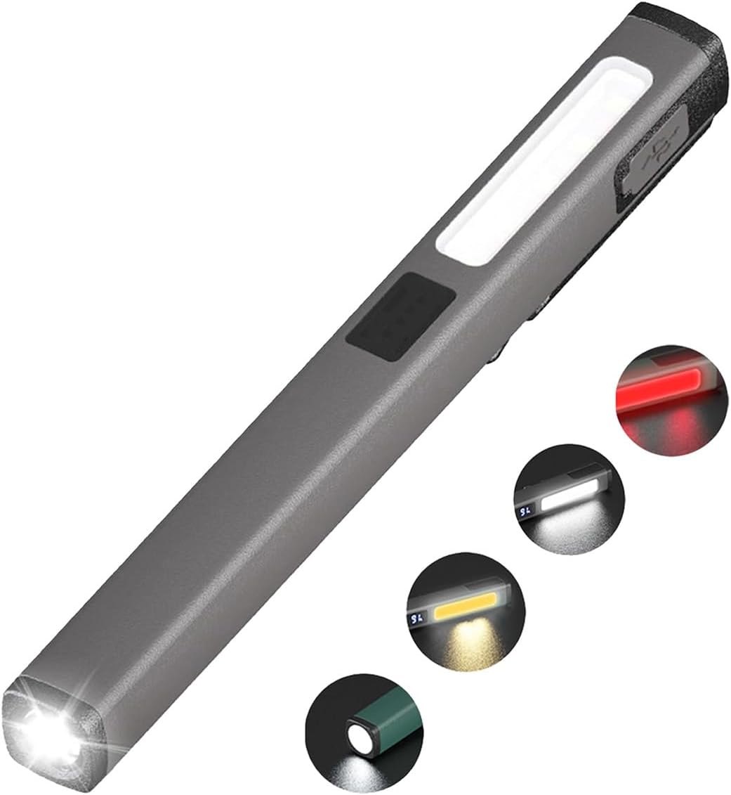 Latarka LED z akumulatorem, COB z trybami białymi/czerwonymi, kabel USB-C, przenośna lampa robocza z 6 trybami, wskaźnik poziomu naładowania baterii,