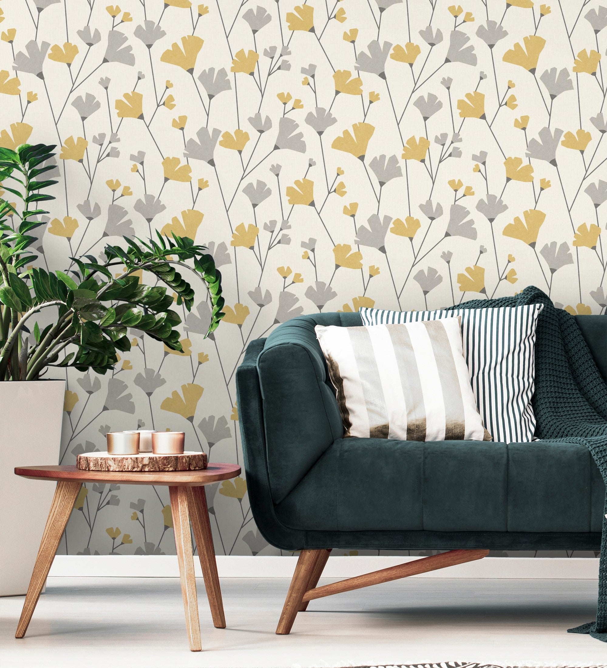 Papel pintado lavable de flores silvestre gris y mostaza estilo nórdico - Sophie Garden 680923 de GAULAN - Rollo de 10 m x 0,53 m - 6