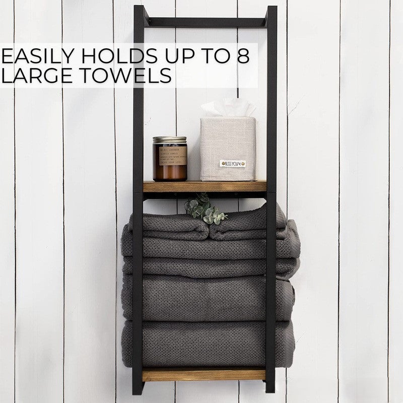 Porte-Serviettes Moderne pour Rouleaux - Étagère Murale Salle de Bain Métal avec Plateau Bois 11x5.5x30 Pouces Noir - 2