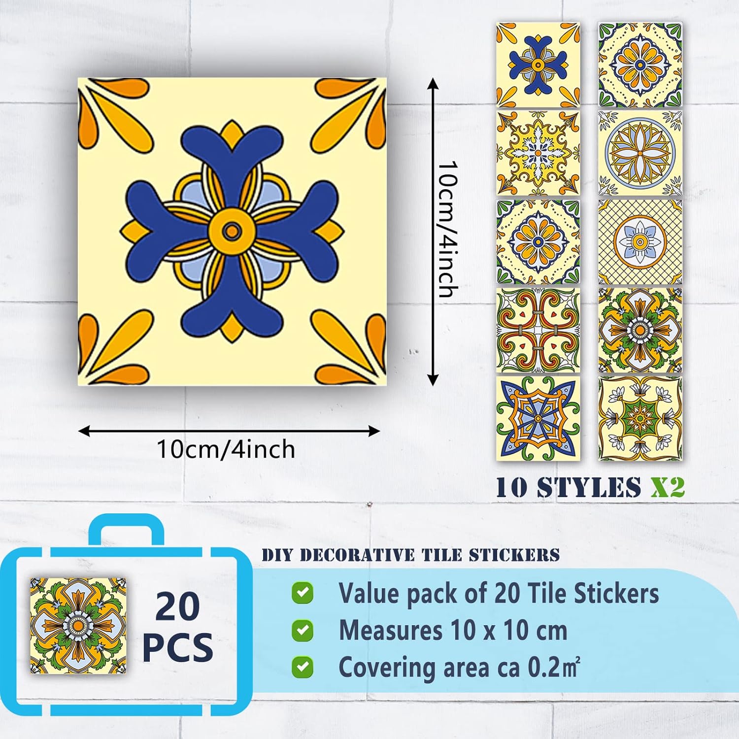 20 naklejek na płytki kuchenne, samoprzylepne płytki ścienne, naklejki do łazienki, wodoodporne naklejki ścienne z PVC, mozaika w stylu retro (10 x 10 - 2