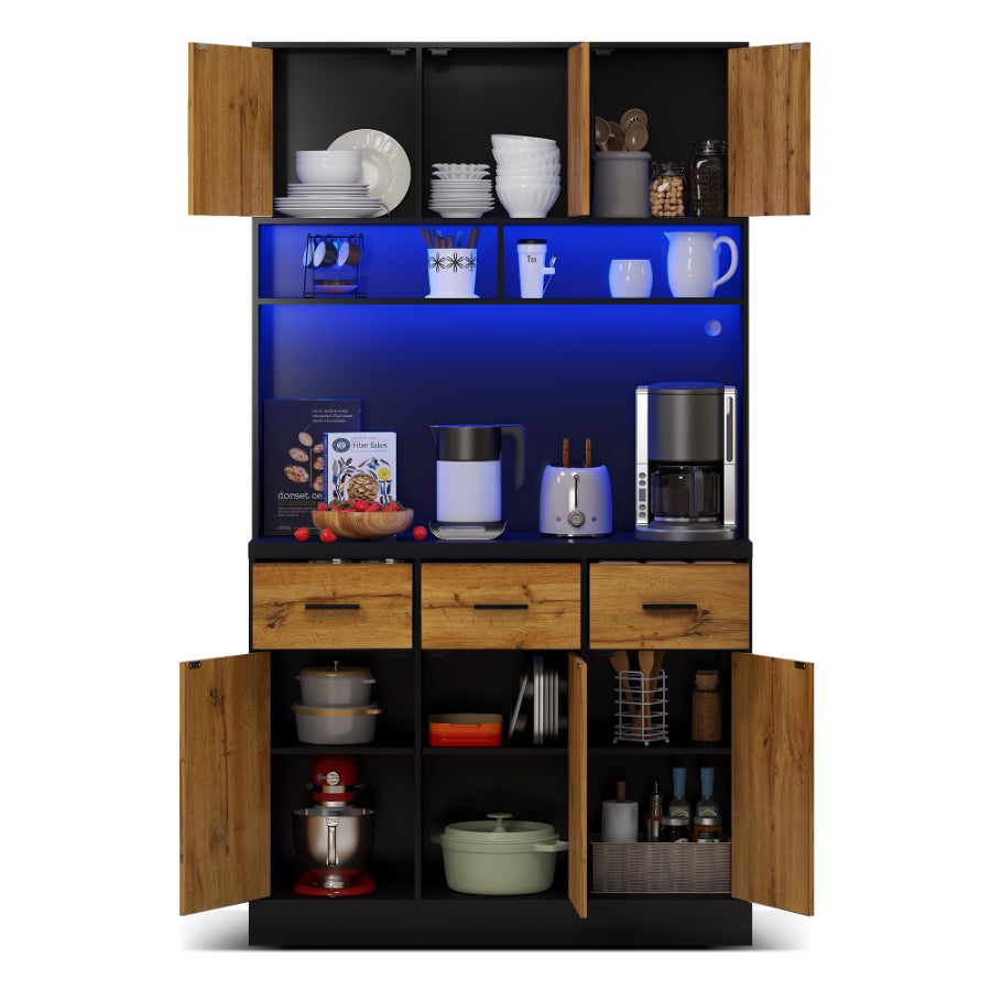 Buffet Multifonctionnel avec LED, Naturel + Noir,Télécommande, Espace de Rangement et Prises USB - 180x100x40cm, pour Cuisine et Salle à Manger - 5