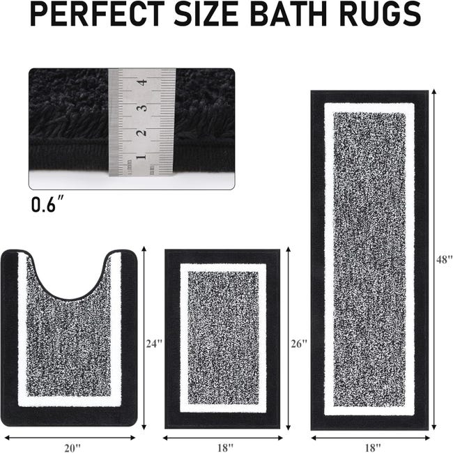 Set 3 Tappeti Bagno In Microfibra Morbida - Tappeto + Sagomato + Copriwater - Antiscivolo, Lavabile, Colore Nero