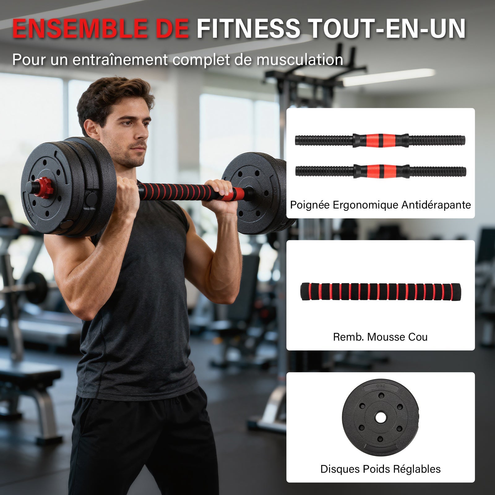 TEENO Ensemble d'haltères réglables 5 en 1 de 20 kg, comprenant des kettlebells, des haltères, une barre et un support pour pompes - 4