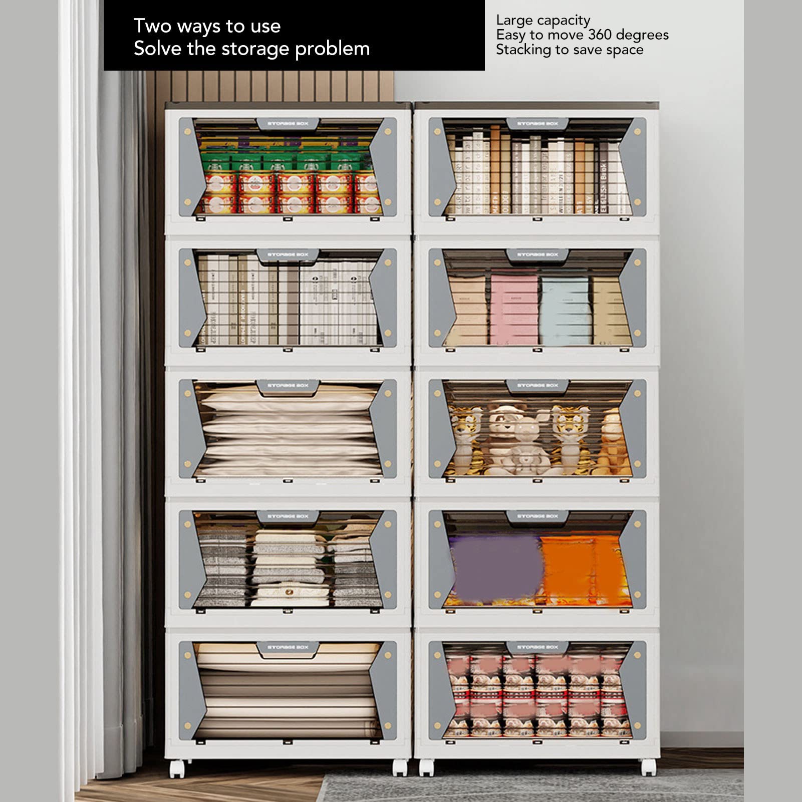 Bacs de rangement empilables, pliables, stables, à aspiration magnétique, boîte de rangement avec roulettes, pour la maison, en PP transparent ( - 9