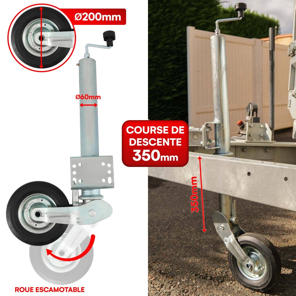 Roue Jockey - 500kg - Tube acier 60mm - Escamotable - Bride de fixation soudée multi-trous - Universelle tous types de remorques - 2