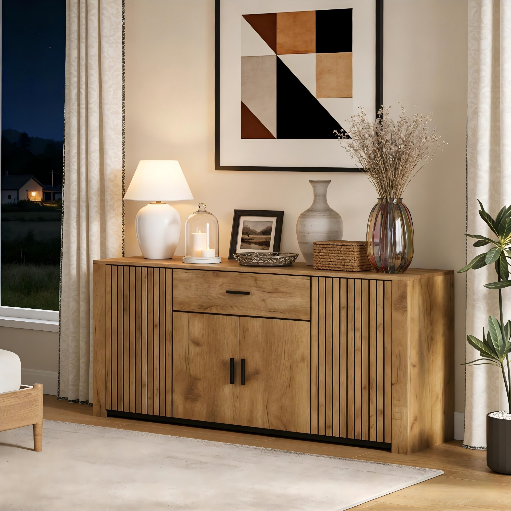 Buffet 160x40x75 cm - 4 portes et 1 tiroir - Étagères réglables - Finition bois - Panneaux de particules - Naturel - 2