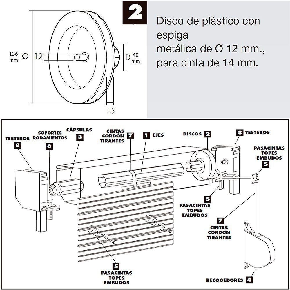 Treuil volet plastique pointe màÂ©tallique 136x40 mm. Sangle 14mm. - 5