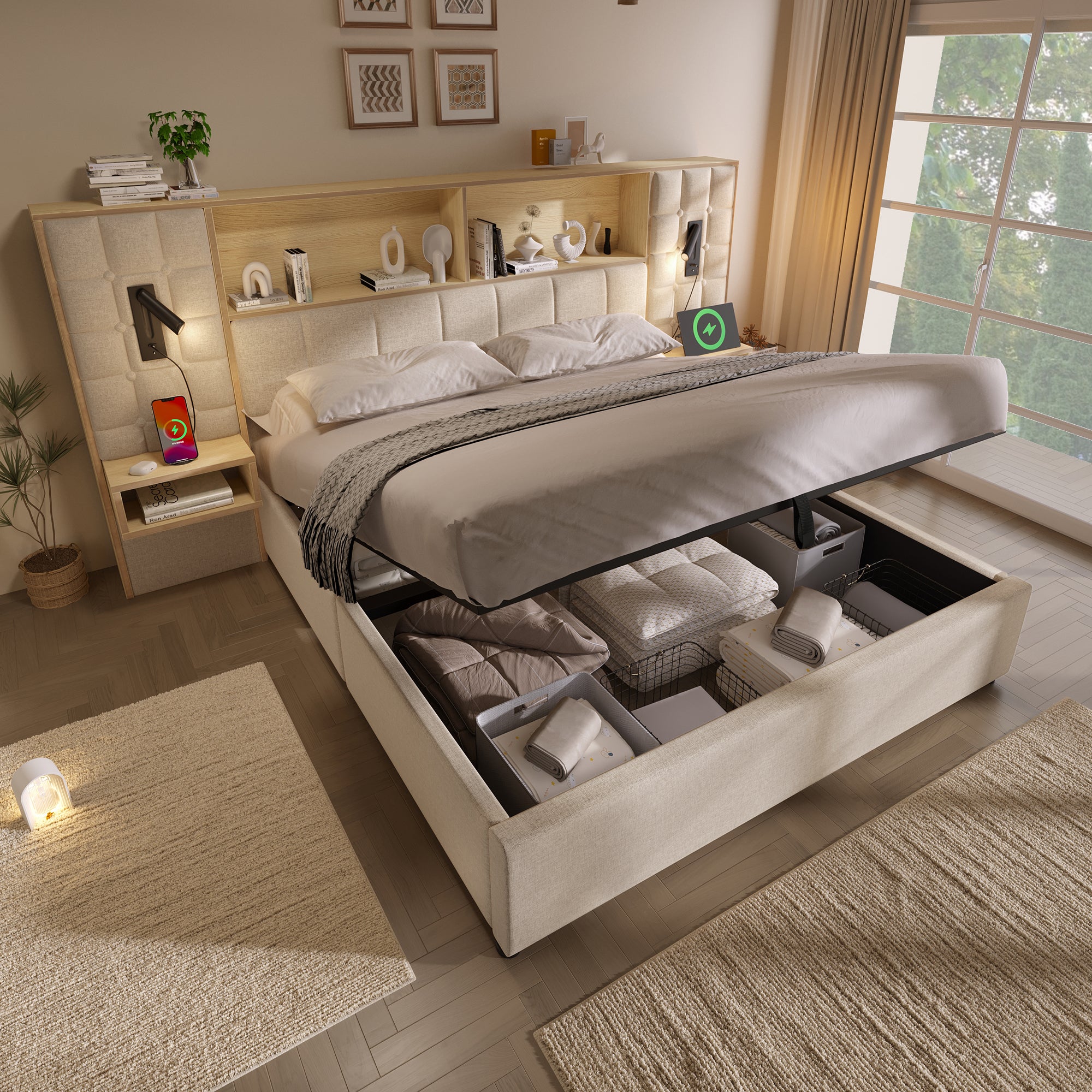 Lit double 160x200 cm en bois massif avec rangement, LED et tête de lit avec ports USB-C, tiroirs, sommier inclus, finition chêne (sans matelas