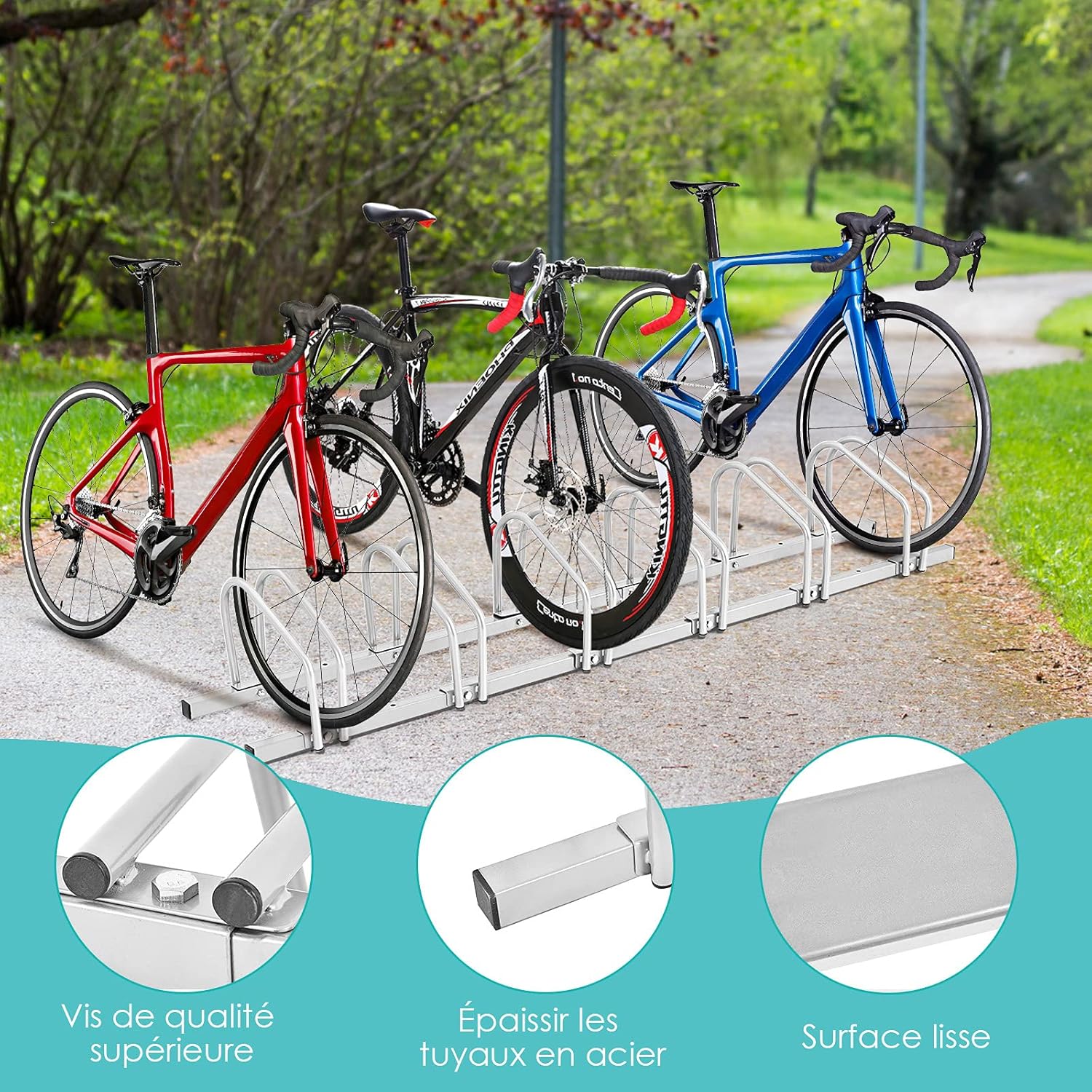 Râtelier 6 Vélos en Acier Revêtu Fixation au Sol ou Mur, Résistant aux Intempéries, 180x33x26 cm, pour VTT, Vélo de Course, Vélo d’Enfant, Argent - 7