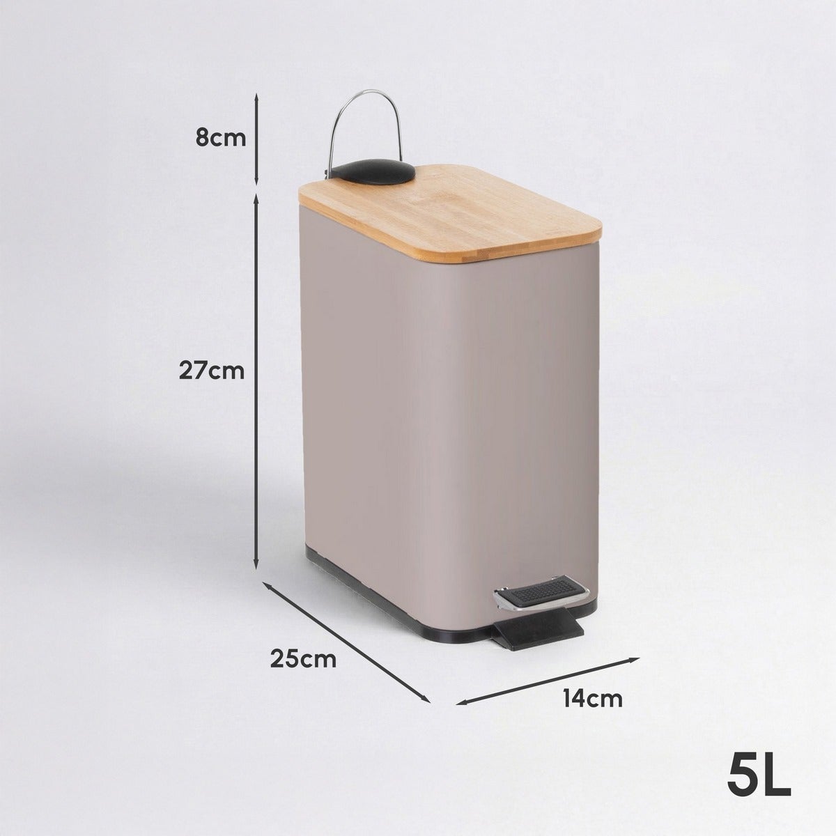 Papelera de pedal rectangular de 5 litros beige mate con tapa de bambú CasaSelección - 3