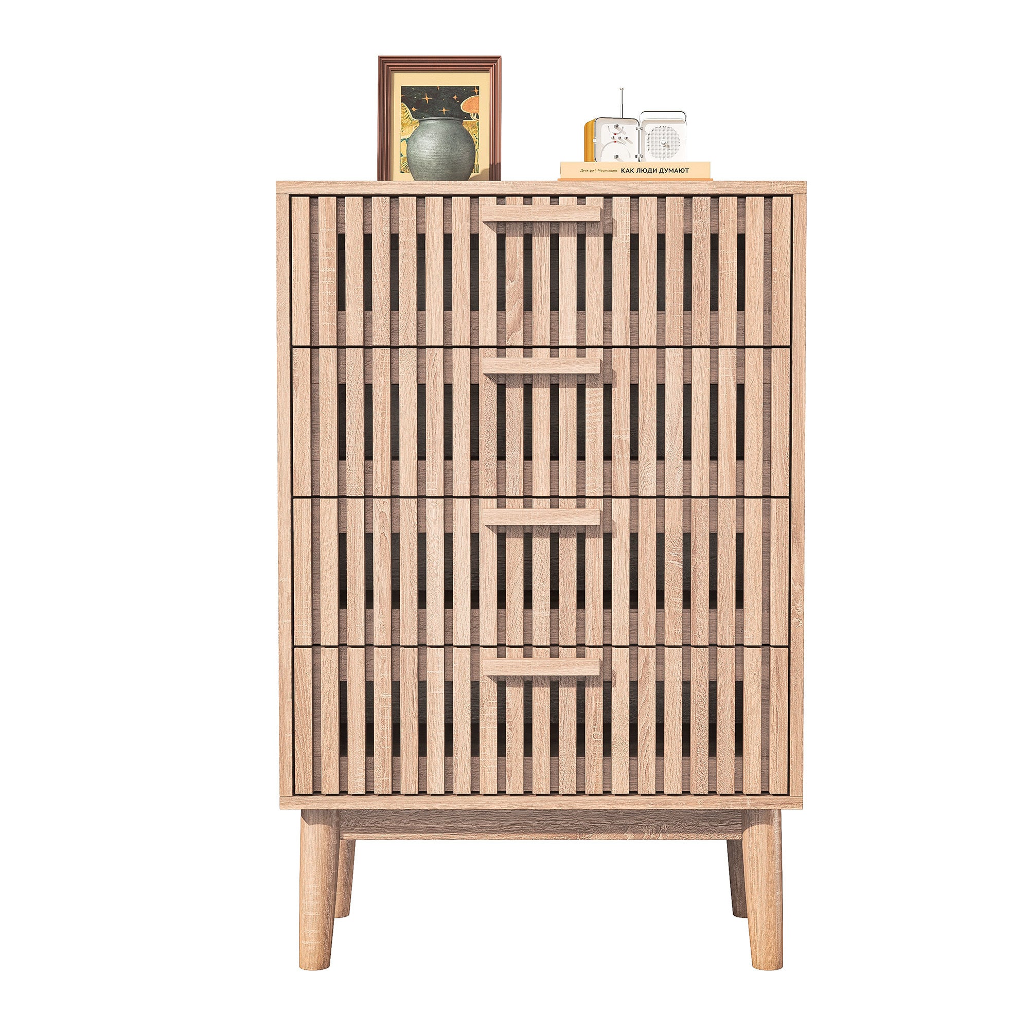 Commode, 4 tiroirs, Chiffonnier, pieds antidérapants et poignée en bois, convient aux salons et aux chambres, 60x91x34 cm - couleur bois naturel - 9
