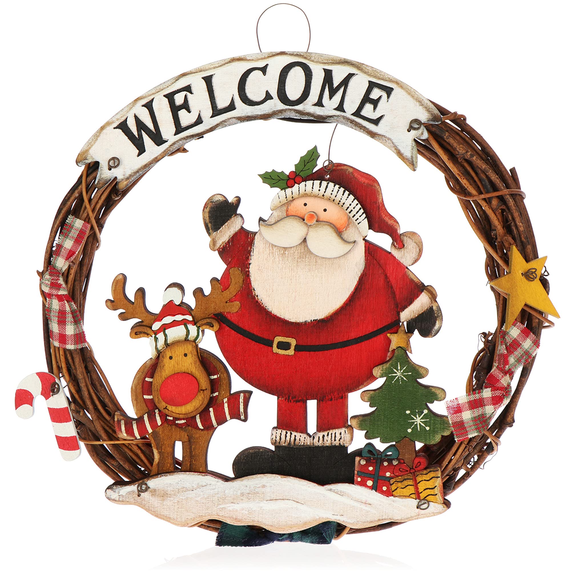 Couronne De Porte De Noël - Déco Hiver Rouge Et Or - Ruban Et Ornements - Deco Mesh