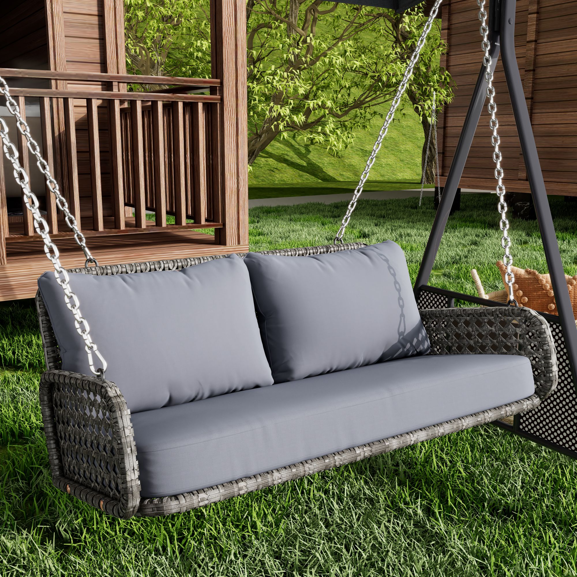 Balancelle de jardin 2 places en rotin PE, Balançoire de jardin - avec coussins et 2 chaînes - 112 x 54 x 48 cm - Gris - 4