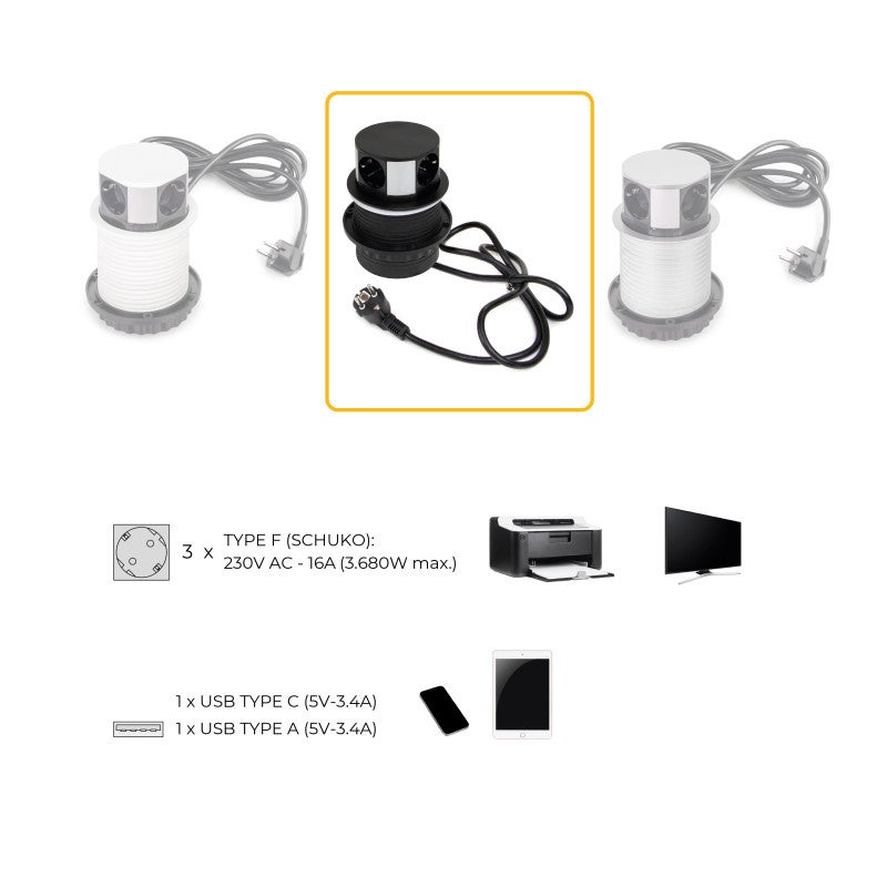 Emuca Multiconector Vertikal Push diâmetro 100mm, 3 fichas tipo Schuko, 1 USB tipo A, 1 USB tipo C, Aço e Plástico, Pintado preto - 9