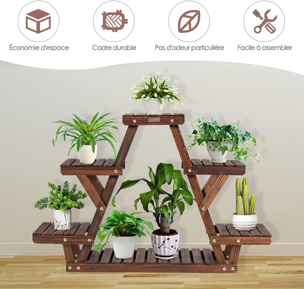 Étagère pour plantes en bois 6 tablettes 99x25x64,5cm, support plante charge 10kg - 6