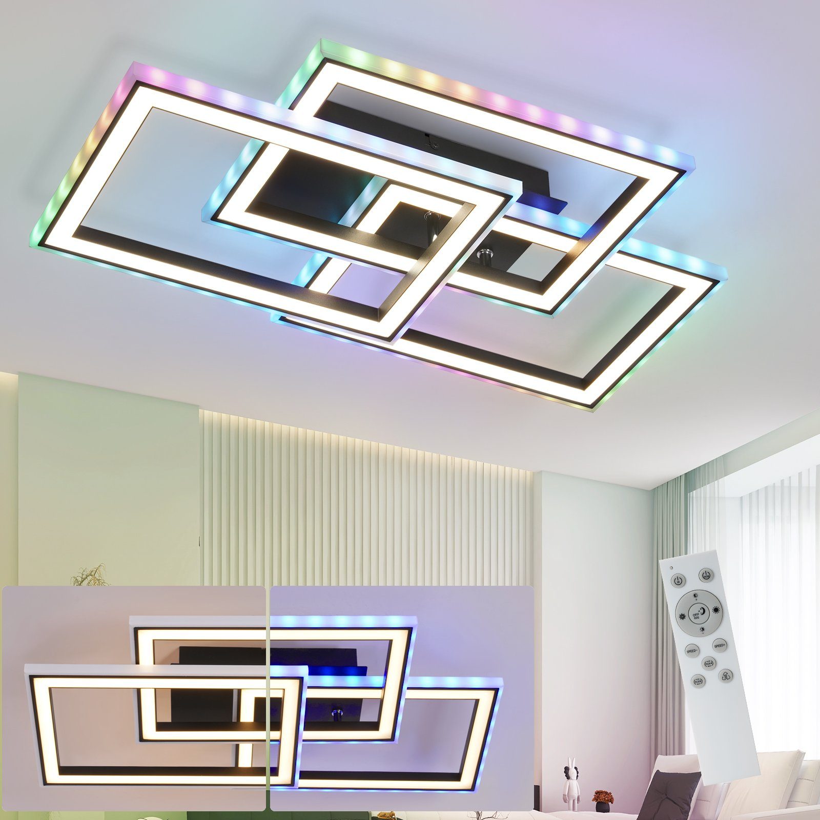 NETTLIFE Lampa sufitowa LED do salonu 45W Nowoczesna czarna lampa do salonu Ściemniana za pomocą pilota Geometryczna zmiana koloru