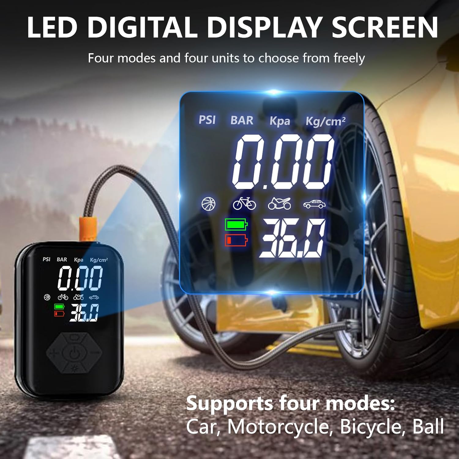Compresseur à Air Portable 150 PSI - Gonfleur Pneus Voiture, Moto, Vélo - Avec écran Numérique Et Lumière LED