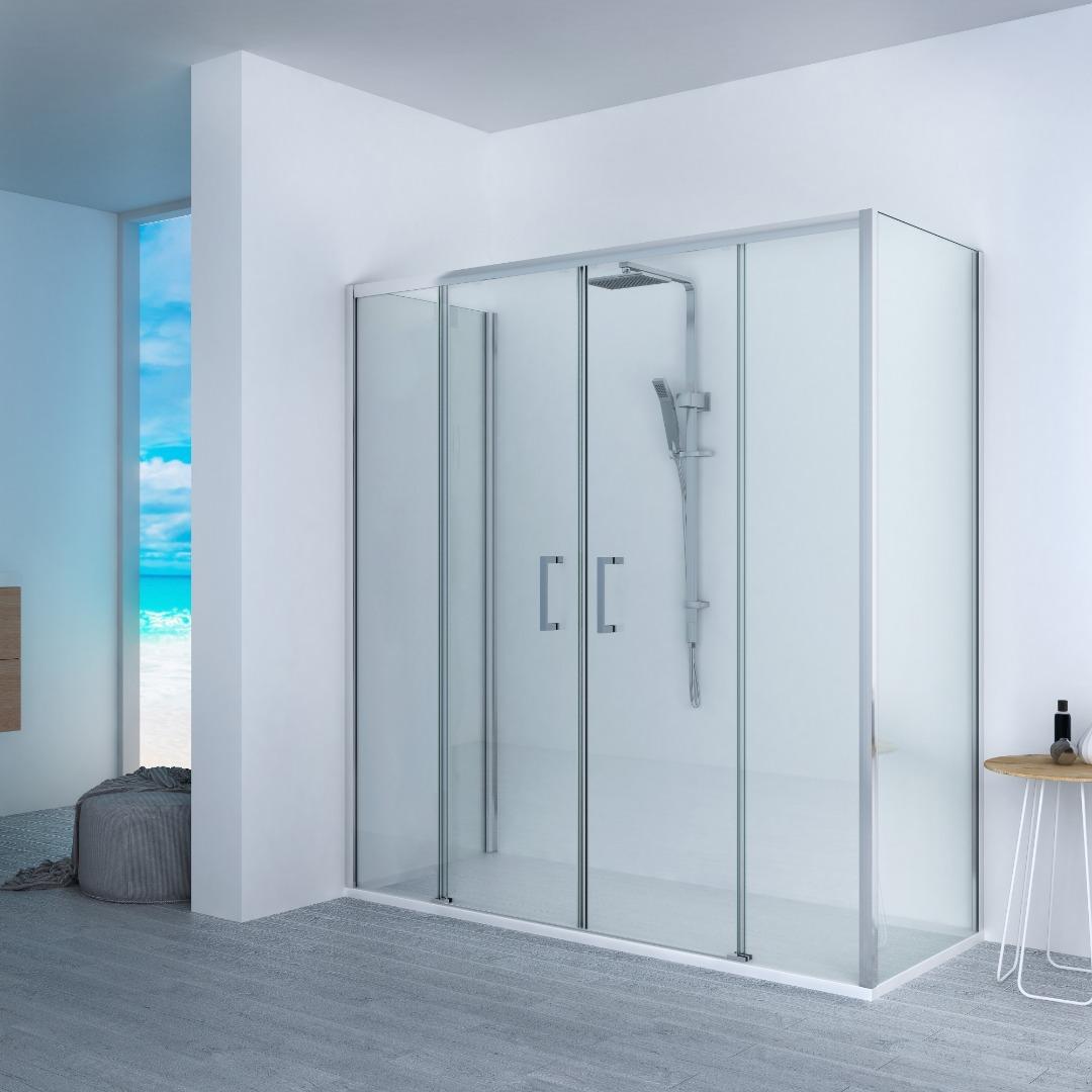 Brodzik Vulcano Line Slim 100x180 cm, biały + kabina prysznicowa 100x180 cm z jedną stałą taflą szkła i centralnym otworem z 4 taflami szkła - FRASCIO