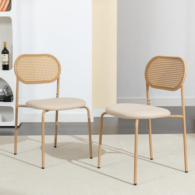Lot de 2 chaises de salle à manger en rotin PE beige avec assise rembourrée en PU, style naturel et moderne