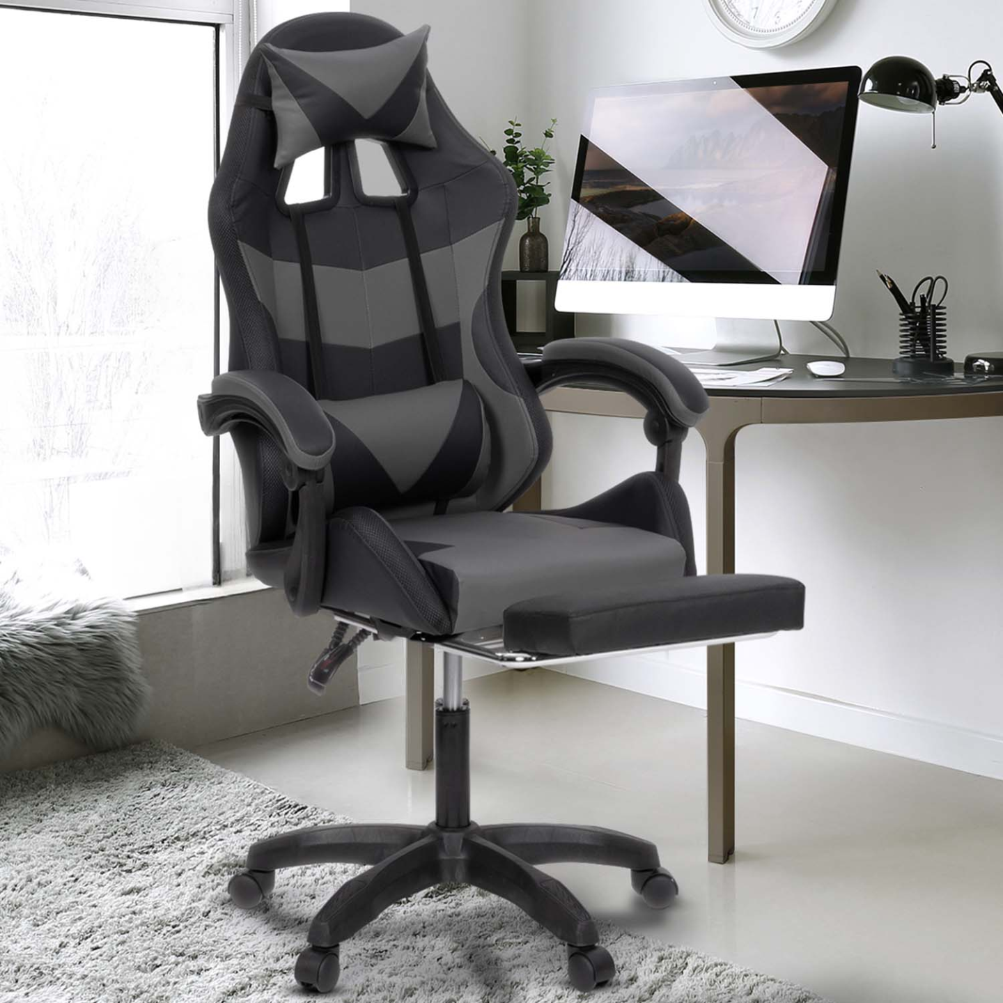 Fauteuil de gaming LED LUC avec repose-pied, coussin de tête et support lombaire noir et gris - 4