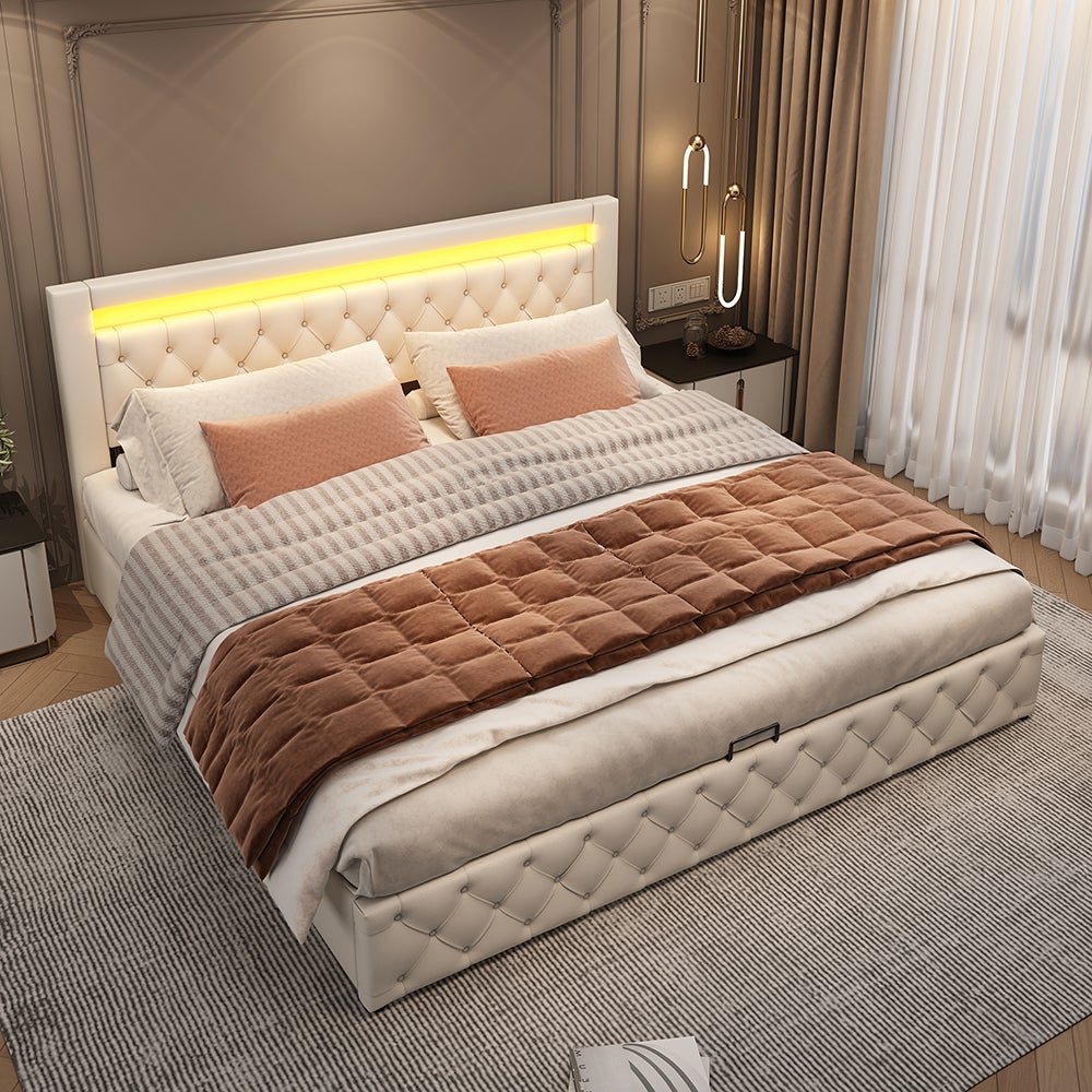 Lit Double 180x200 Avec Tête De Lit LED Et USB, 4 Tiroirs - Velours Beige, Sommier à Lattes Inclus - Lit Moderne Avec Rangements