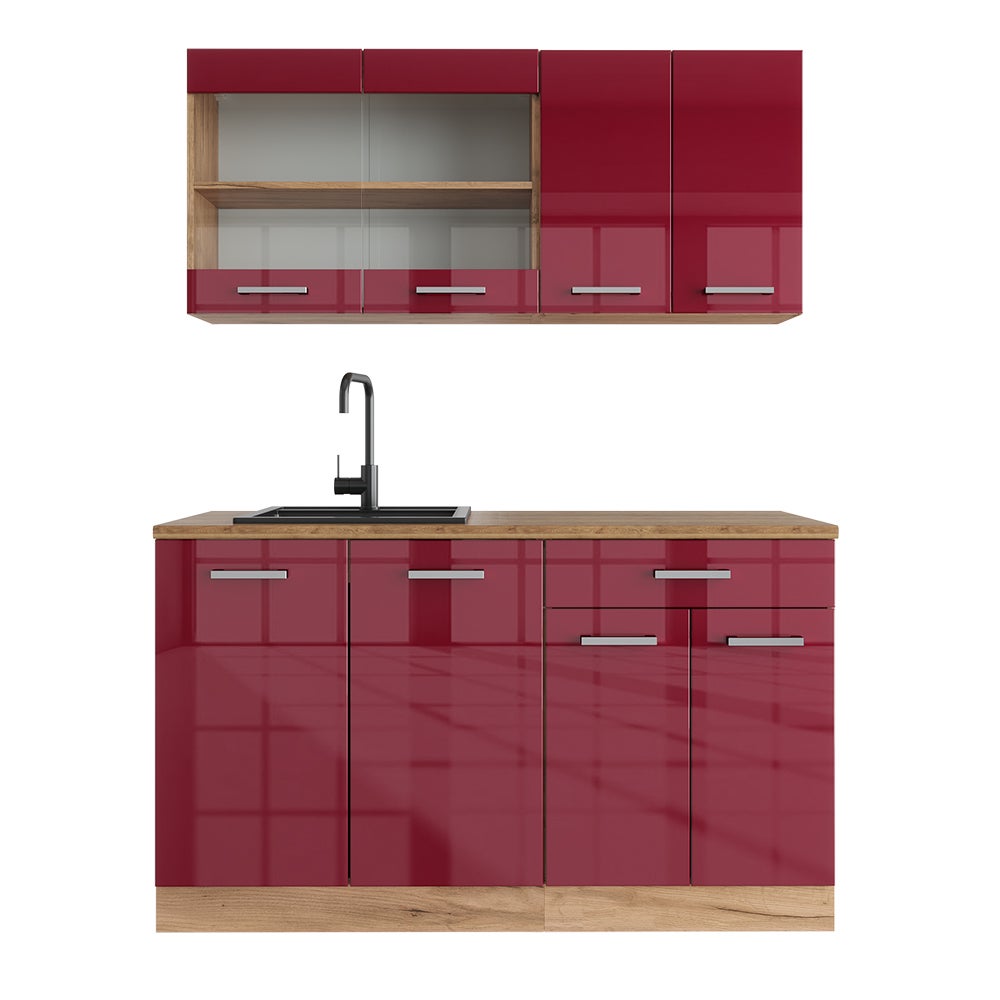 Vicco Pojedyncza kuchnia R-Line, Czerwony wysoki połysk/złoty dąb, 140 cm , BP Dąb