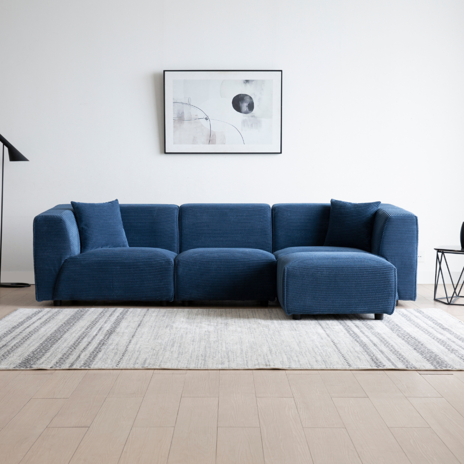 Monroe sofá modular 4 plazas: sofá recto 3 plazas + 1 reposapiés de pana azul