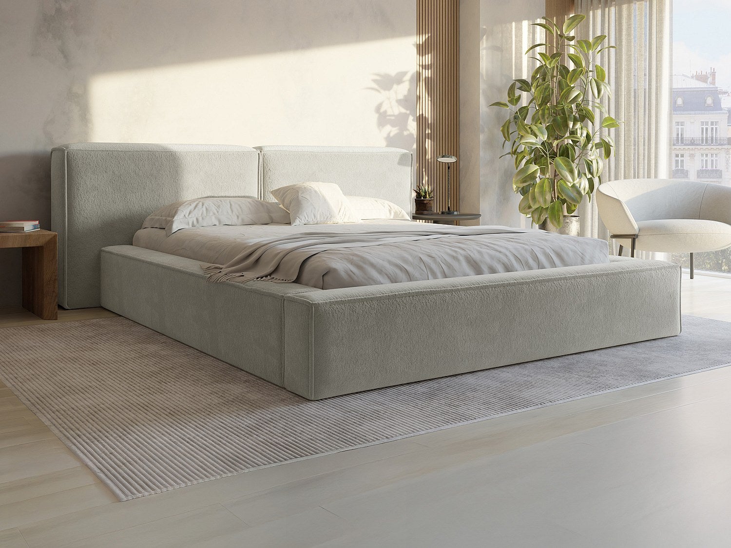 Pascal Tela Canapé abatible de 160 x 200 cm - Tela rizada - Beige - TIMANO de ...
