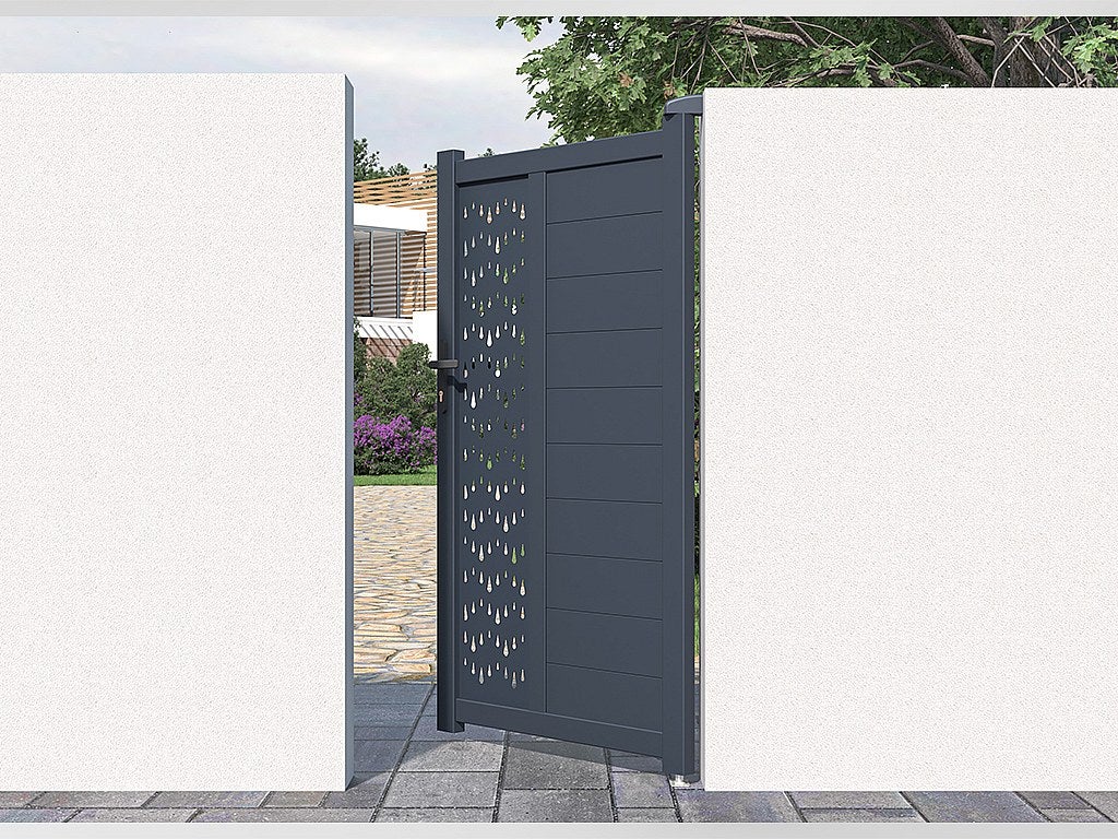 Skrzydłowa, pół-perforowana aluminiowa furtka z wzorem Dł.103 x Wys.181 cm antracytowa GREGOR