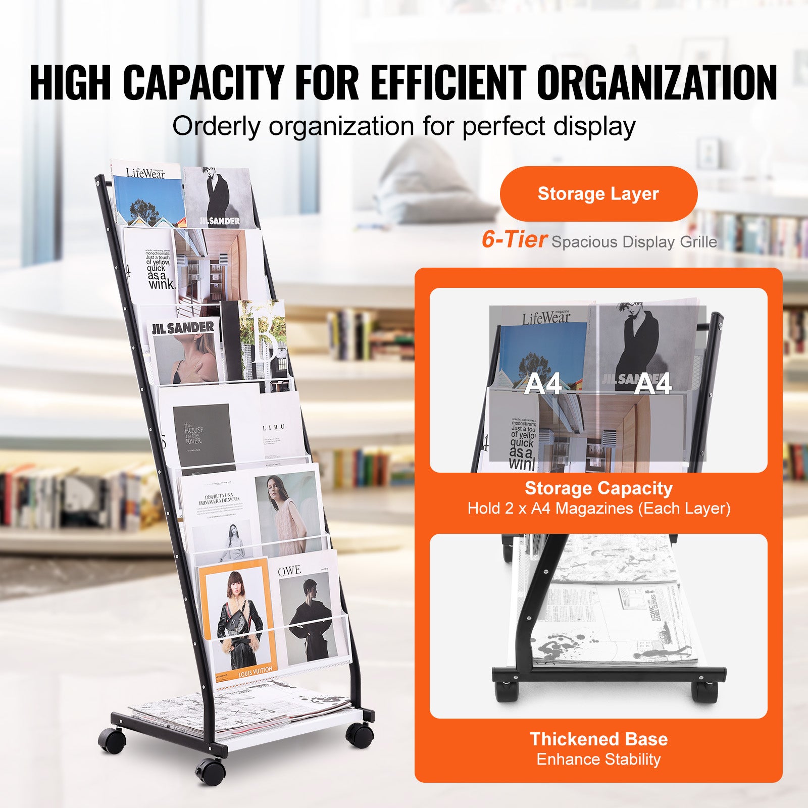 Support de rangement de littérature,VEVOR support de brochures sur pied à 6 niveaux avec 4 roulettes (2 avec freins),idéal pour la vente au détail - 3