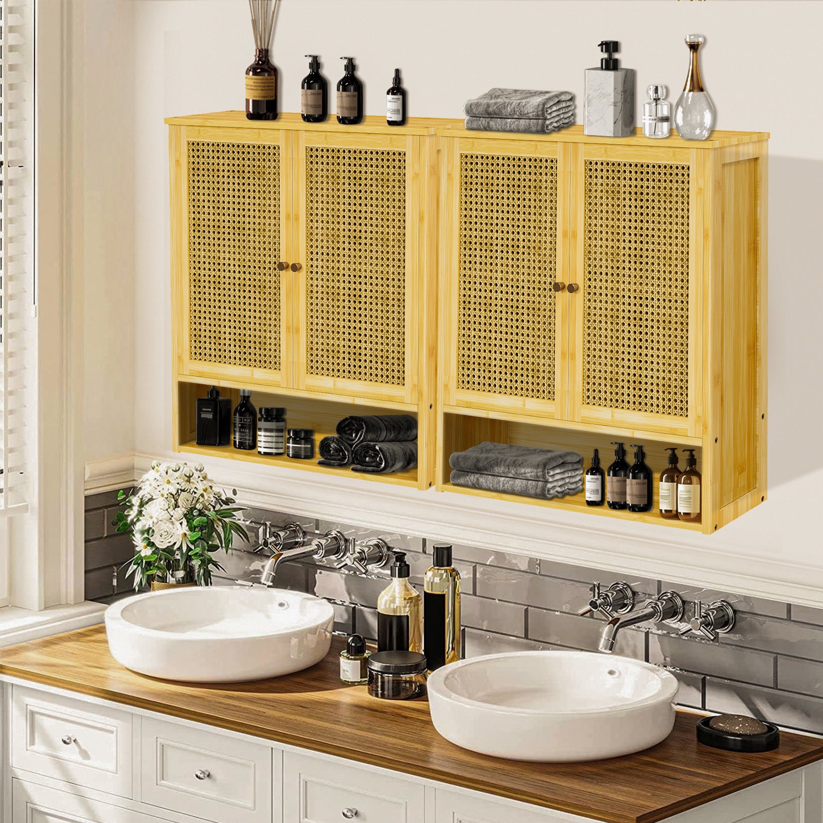 Armoire Salle de Bain, 59x20.5x66.5cm, Armoire Toilette Suspendu avec Étagères Réglables, Bambou Naturel - 7
