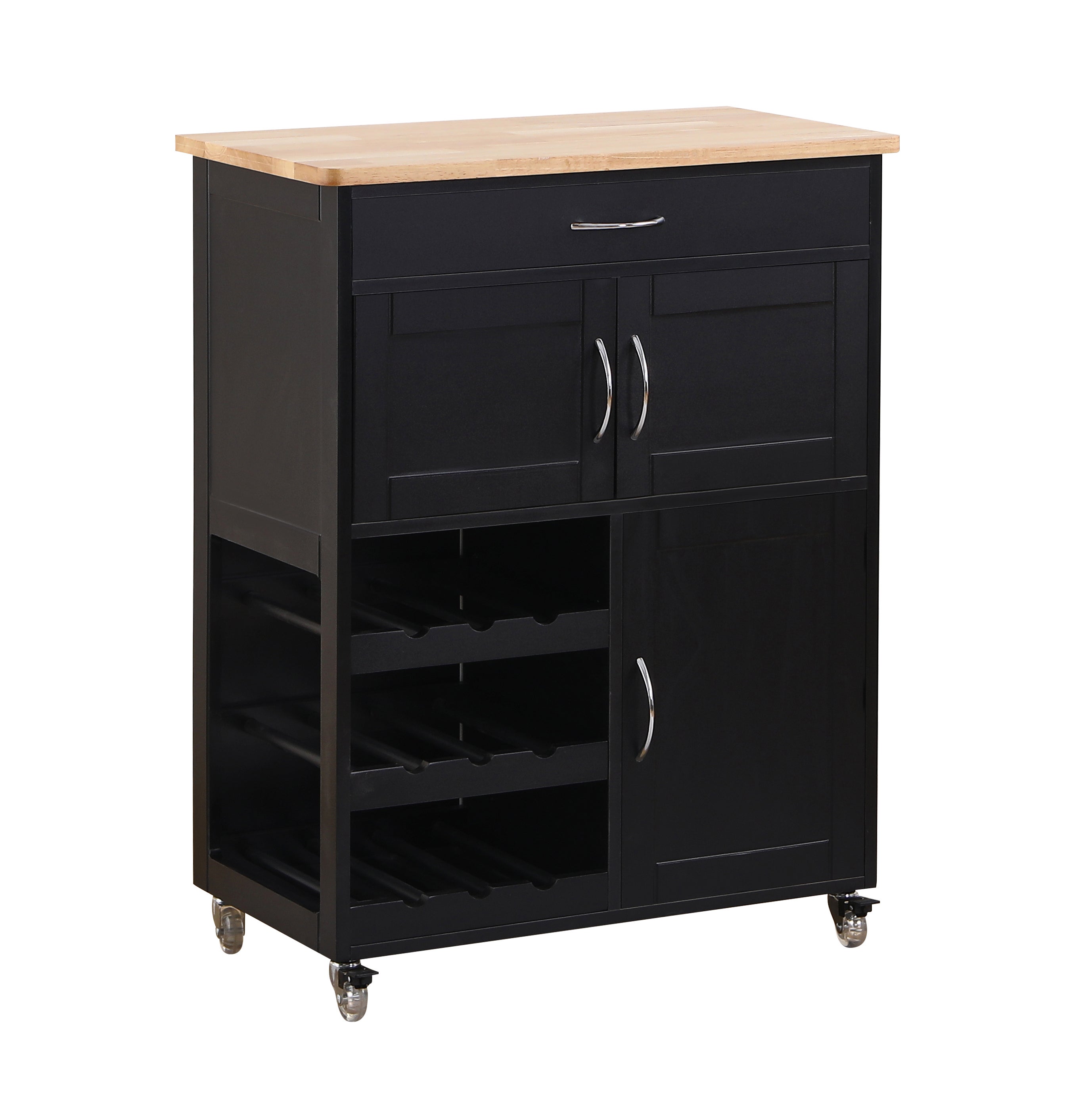 Mueble de cocina con ruedas y portabotellas negro.