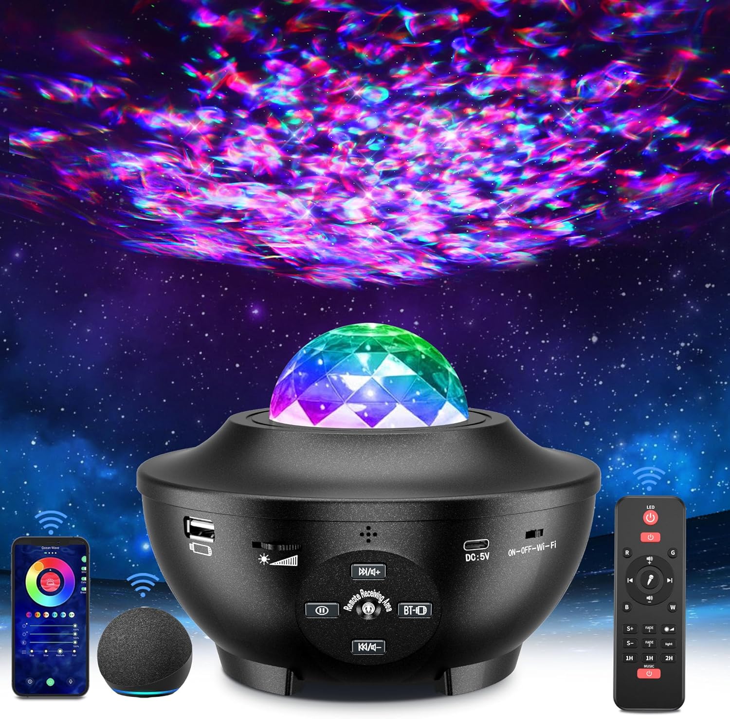 Projektor nieba gwiaździstego 360° ze sterowaniem głosowym – lampa planetarium LED, efekt muzyczny i światło gwiaździste