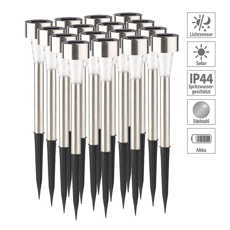 Zestaw 16 lamp ogrodowych LED z terminalami solarnymi do sadzenia roślin.