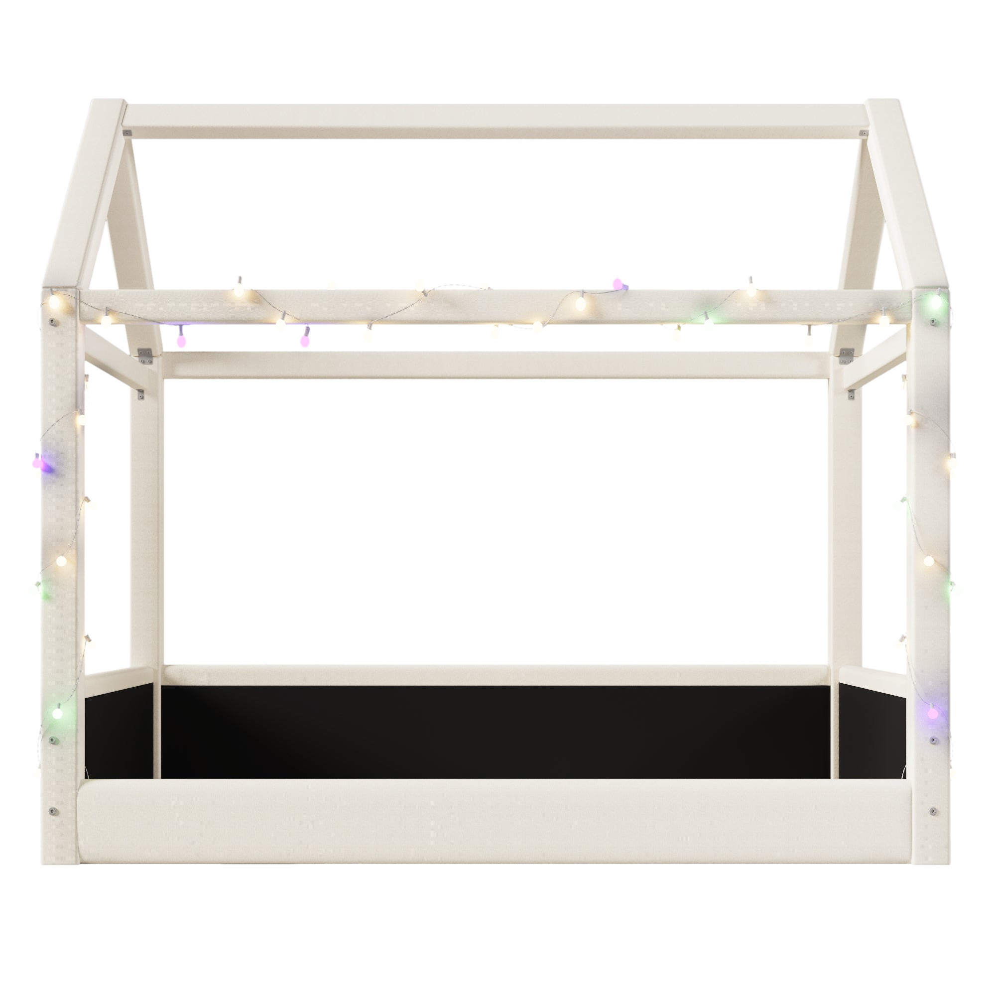 Lit cabane enfant 90x200cm,Lit au sol Montessori en bois,bandes lumineuses LED, sommier à lattes inclus,barrières de sécurité,Beige - 7