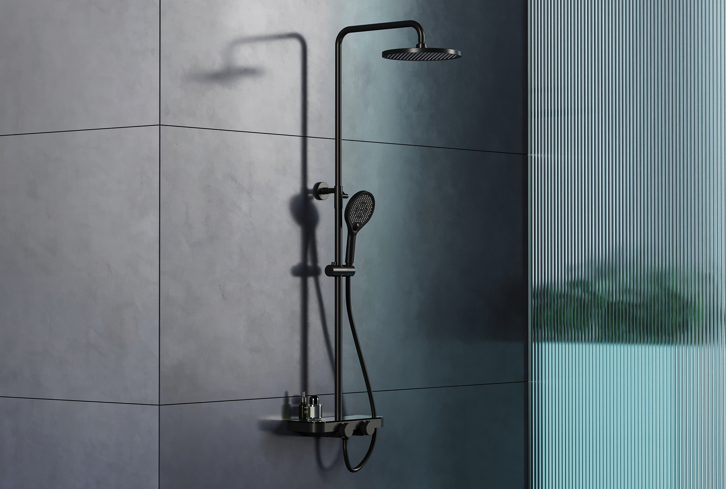 Bernstein - columna de ducha termostática regulable con repisa de acero inoxidable, grifo mezclador y rociador - negro mate - bs371 - redonda