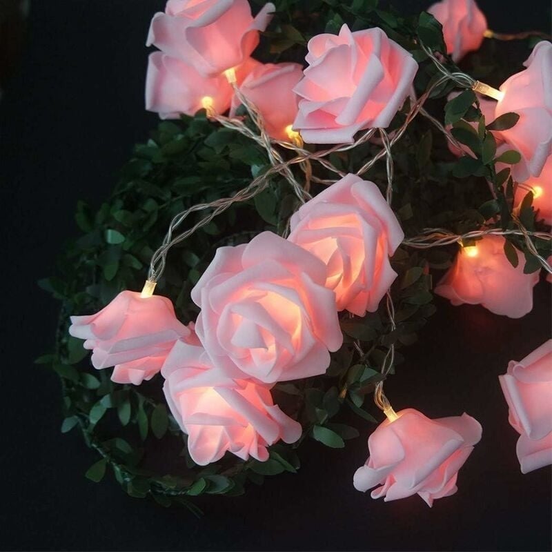 Girlanda świetlna z różowymi kwiatami, zasilana bateriami girlanda LED o średnicy motywu 6 cm, PE (polietylen), różowa, 3 metry z 20 diodami LED