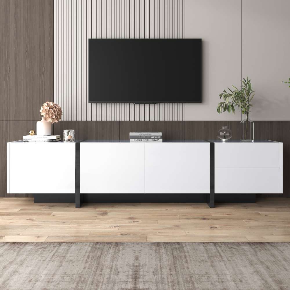 Nowoczesna szafka RTV z drzwiami i szufladami, zintegrowane półki, elegancki minimalistyczny design, praktyczne miejsce do przechowywania