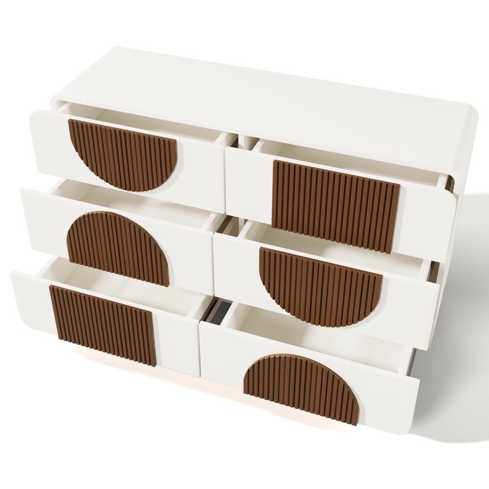 Commode 6 tiroirs design courbé, élégant buffet blanc avec liserés chocolat et sécurité anti-basculement - 7