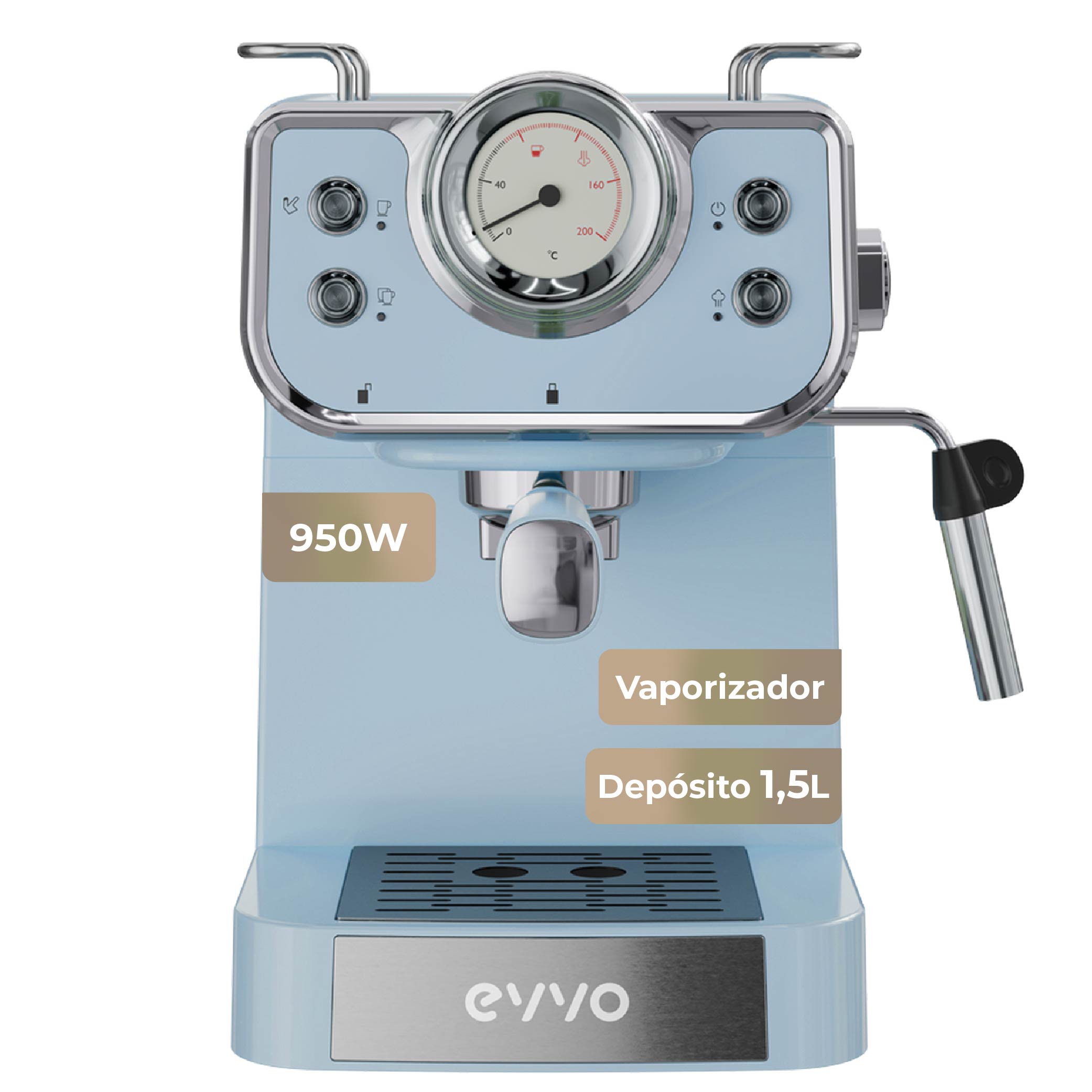 Evvo Azul Cafetera Express Retro Intensa Blue, 15 Bares, Acero Inoxidable, 950W, Espresso, Capuccino, 1.5L - Imagen 3