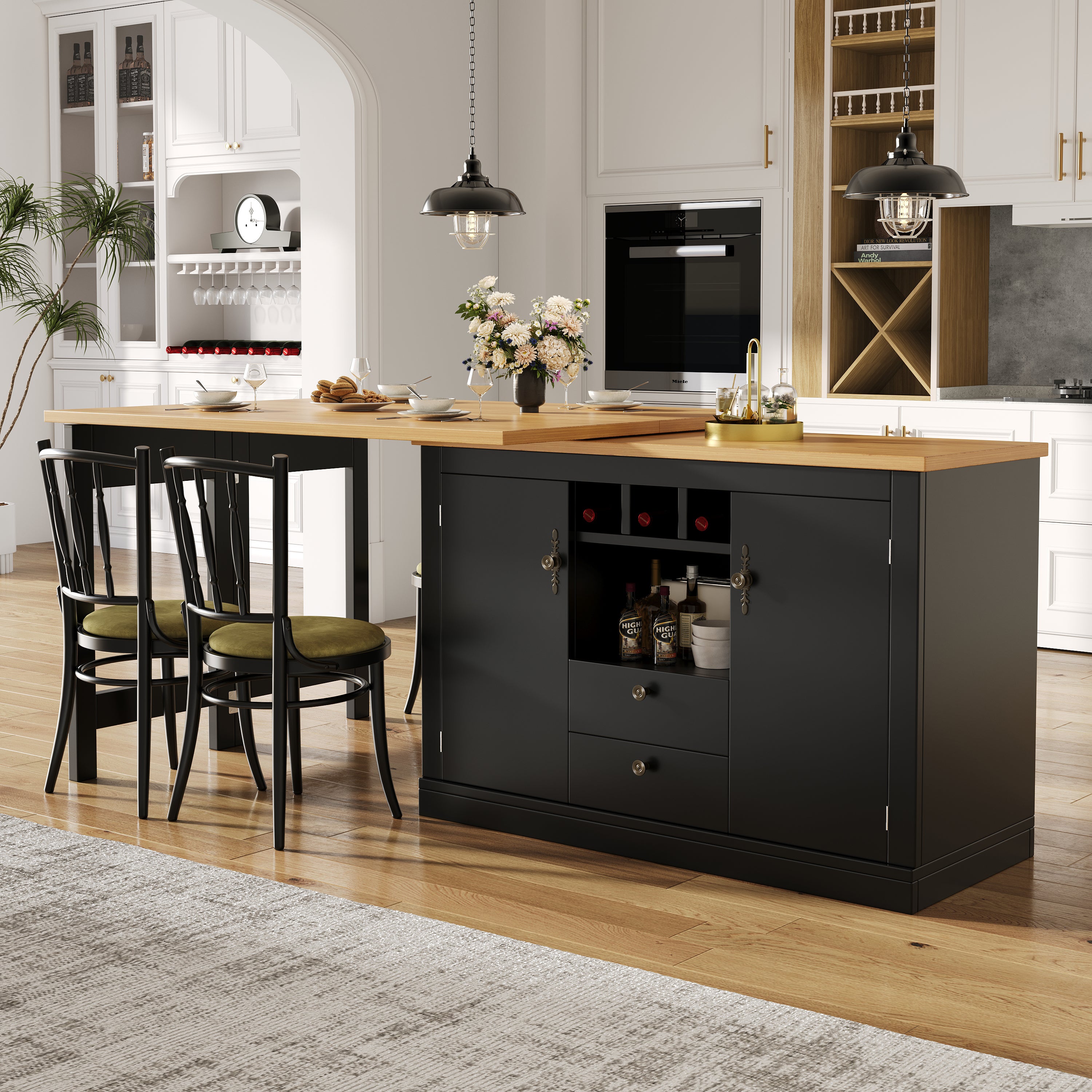 Rozkładany obrotowy stół jadalny z 2 drzwiami i 2 szufladami, wyspa kuchenna - 120-180 x 40 x 71,5 cm - MDF - Czarny + naturalny - 2