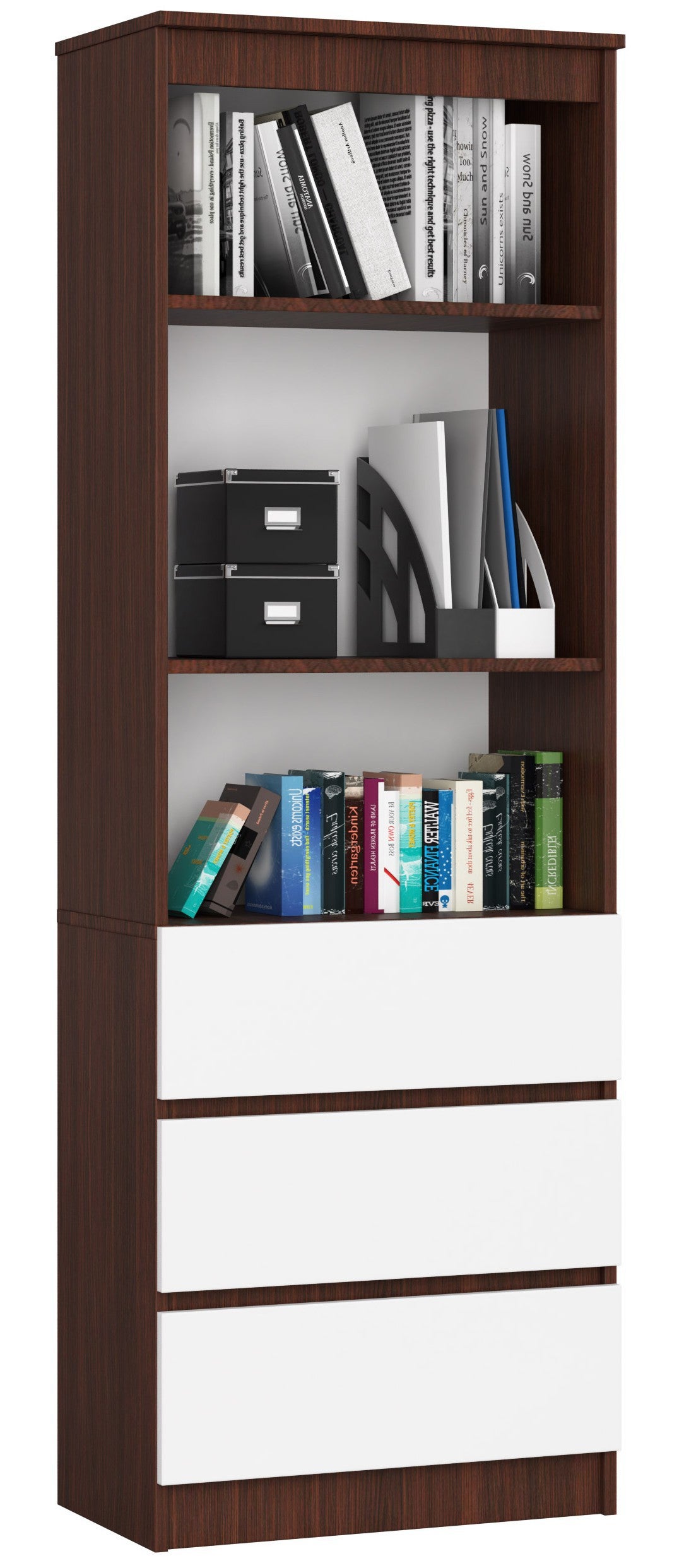 Regał AKORD R60 Wenge 60 cm 3 szuflady kolor Biały mat 3 półki 60x35x180 cm